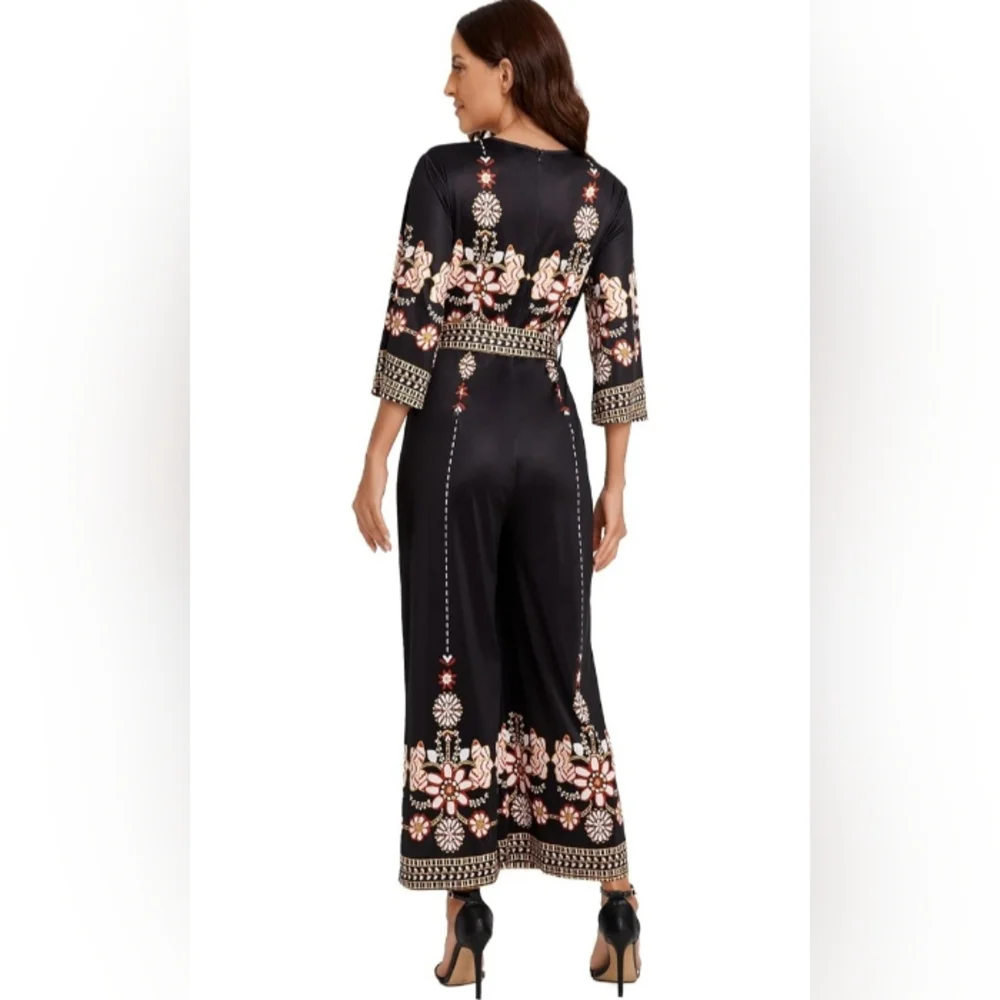 Floral Print Black Wrap Jumpsuit with Belt